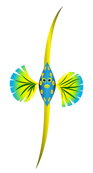 A blue and yellow fish is on the pole