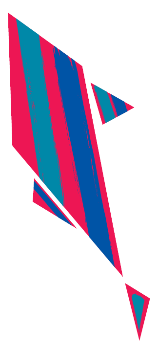 A blue and red paper airplane is flying.